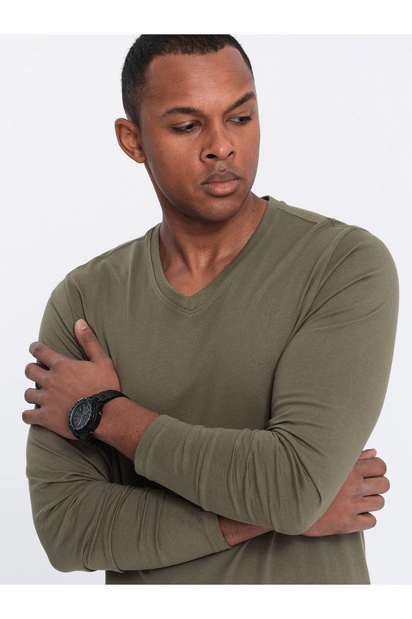 OMBRE-Unbedrucktes Herren Longsleeve mit V-Ausschnitt - Dunkeloliv V2 OM-LSBL-0108 XL 1