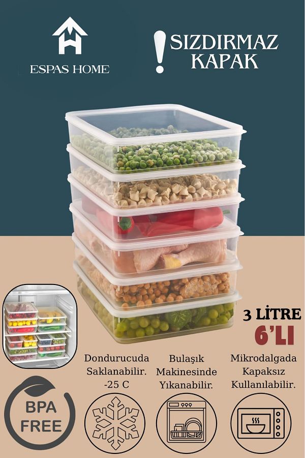 Espas Home-6-Piece Leakproof Freshbox Storage Container – Microwave and Refrigerator Compatible / 3000 ml – Transparent 1