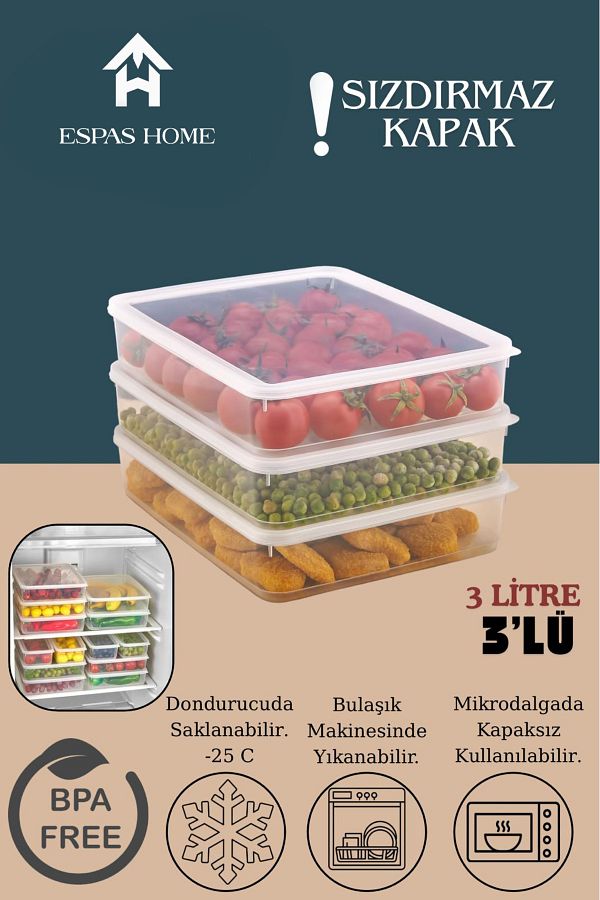 Espas Home-3-Piece Leakproof Freshbox Storage Container – Microwave and Refrigerator Compatible / 3000 ml – Transparent 1