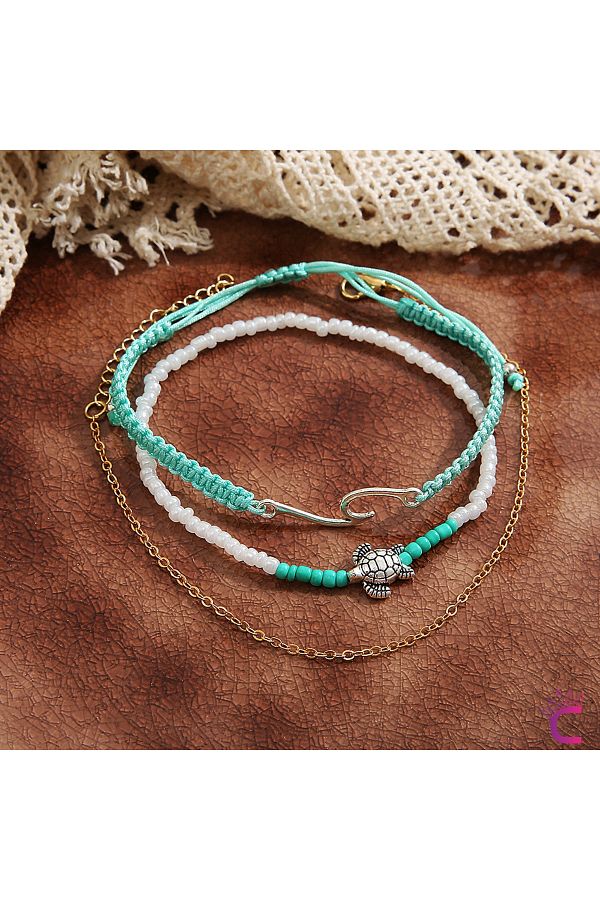 Cinderella-3-Piece Combination Anklet with Rubber Figured Knitted Drawstring Miyuki Stone Chain - Adjustable Rope Anklet 1