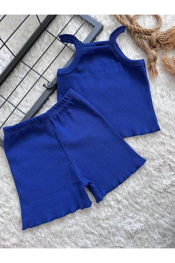 BAHNUR MAVİ Fitilli Ribana Bebek Crop Takım Alt-üst Yazlık Şort Takım