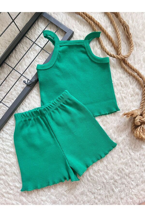 BAHNUR YEŞİL Fitilli Ribana Bebek Crop Takım Alt-üst Yazlık Şort Takım