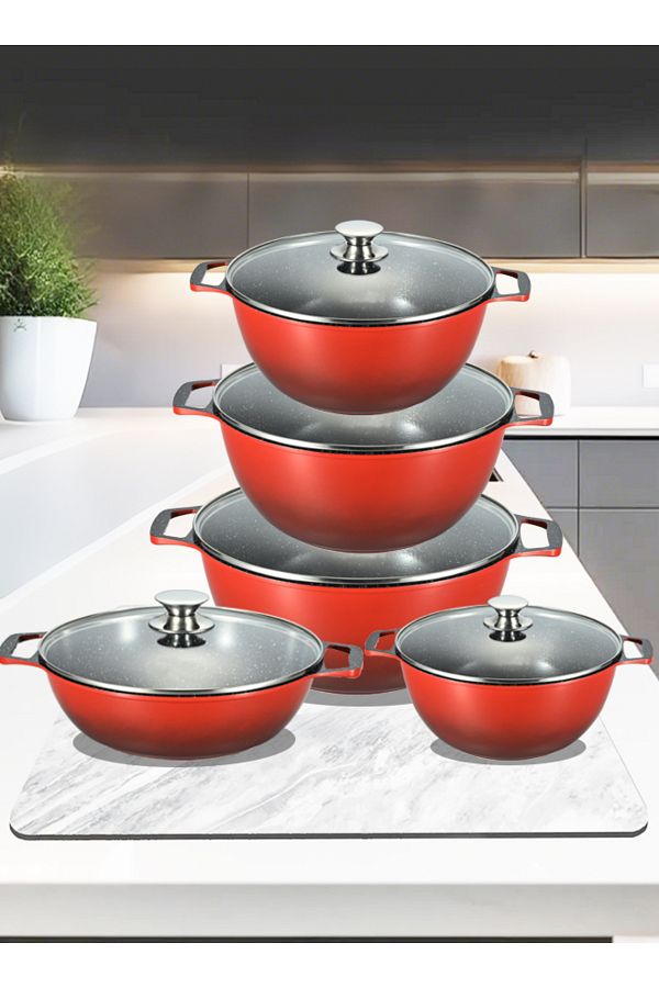 X SPRING-10-PCS Granite Non-stick Cookware Set,Scald-proof Handle,Suitable for multiple people(RED) 1