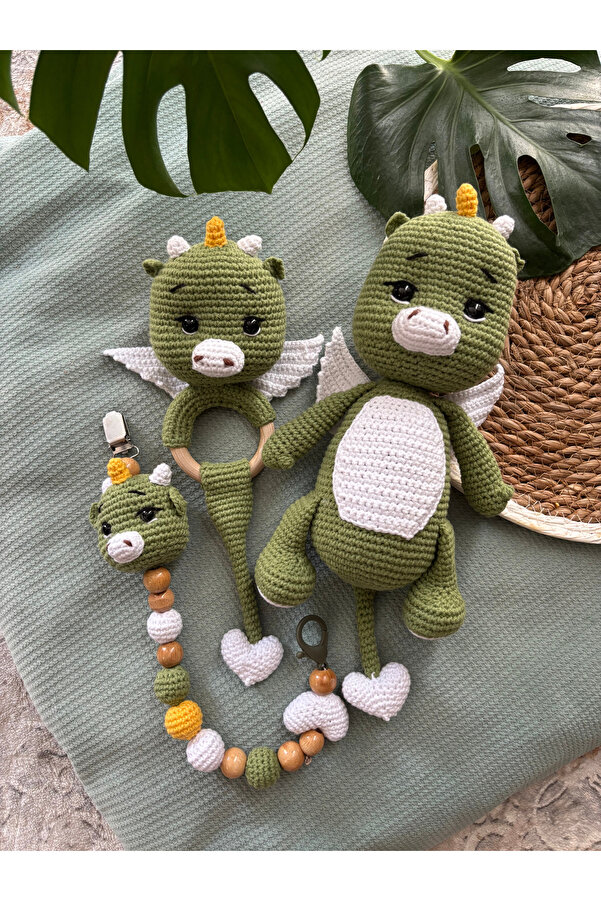 Aia&Co Dinozor Yeni Doğan Amigurumi Dino Organik Oyuncak Seti Emzik Zinciri Çıngırak Uyku Arkadaşı