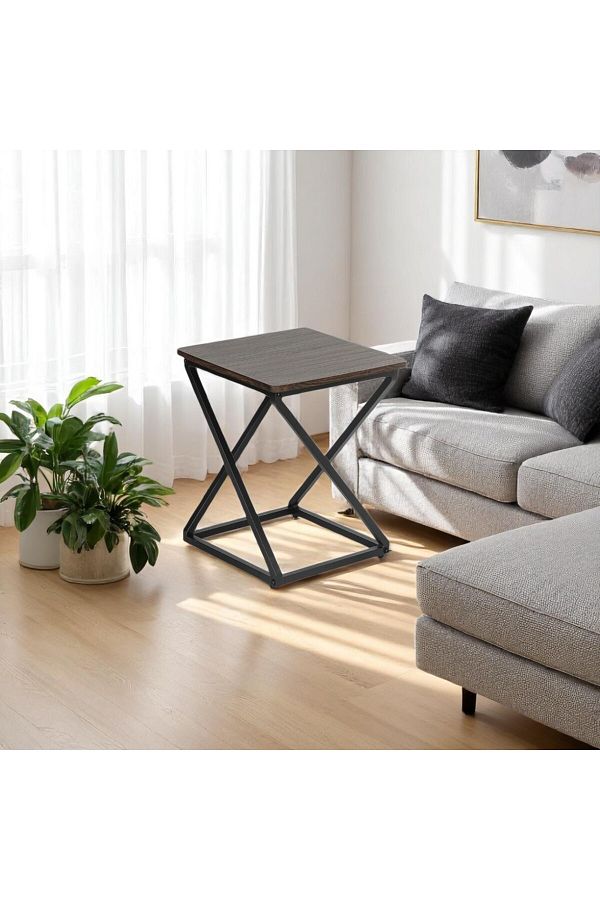 mr-everything-Elegant square serving table with a dark wood top and black metal base, perfect as a side table for a sofa or bed. 1
