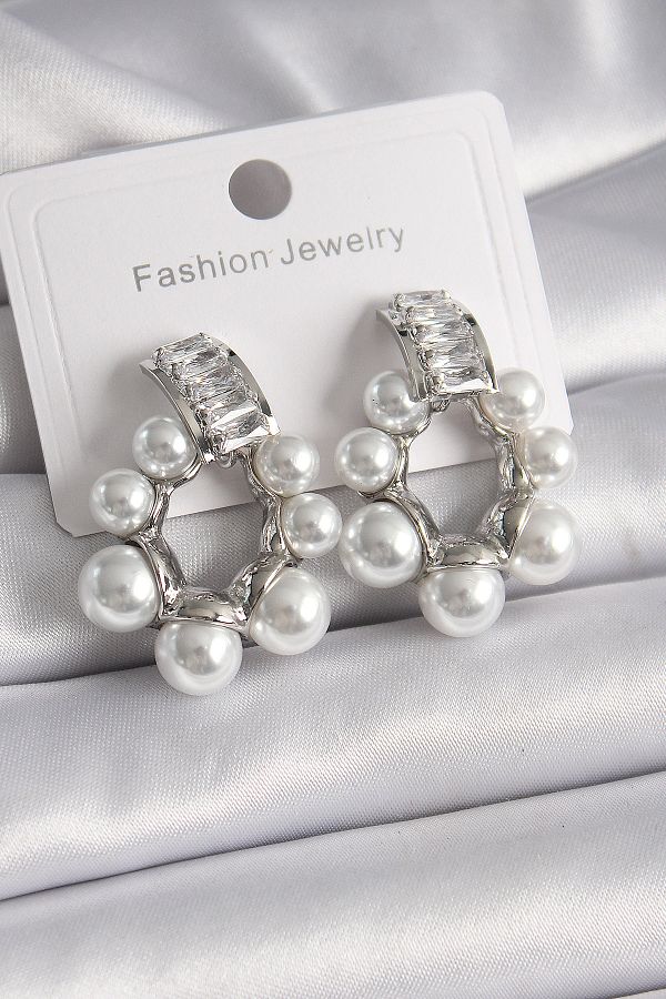 Toptan Bulurum-Brass Silver Color Waterway Zircon Cubic Zirconia Pearl Ring Model Women's Earrings 1