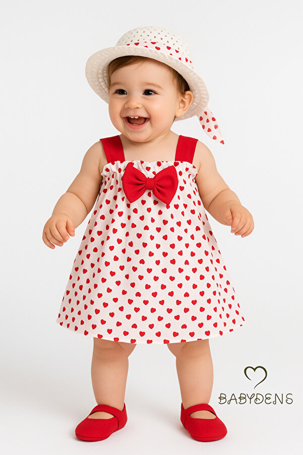 BABYDEN'S Kız Bebek Kalp Desenli Fiyonklu Yazlık Elbise Şapkalı Takım - Kırmızı Beyaz Pamuklu Bebek Elbisesi