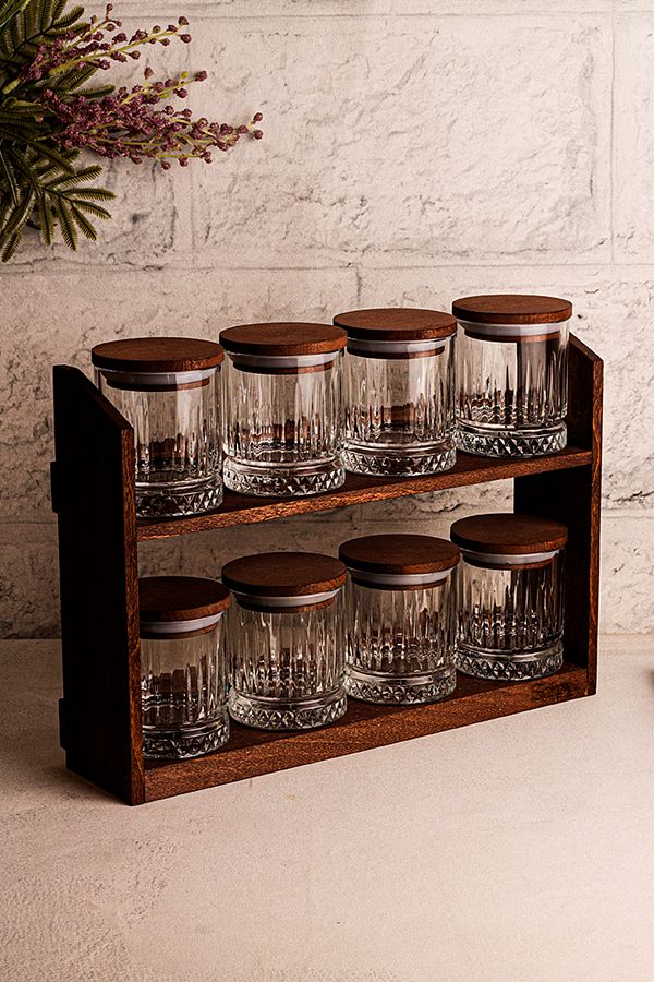 Snippy-Mira Small - Set of 8 Vacuum Wooden Lid Glass Spice Jar Set with Stand Storage Container Set 210 ml 1