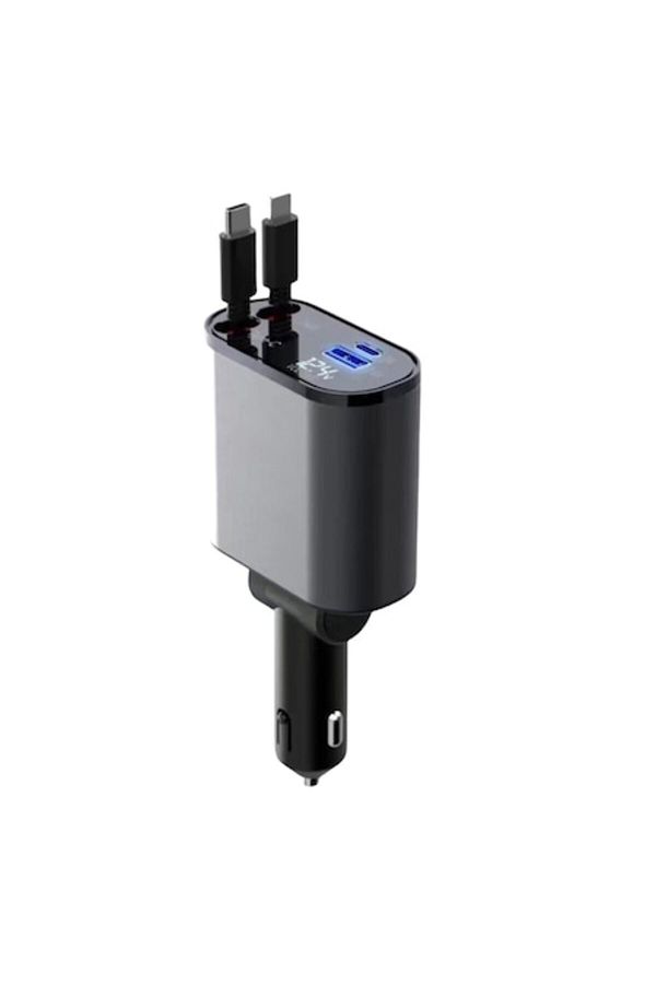 OEM-Încărcător auto PD 4 în 1, cabluri retractabile flexibile USB-C și Lightning, ieșire USB-C și USB-A, 1