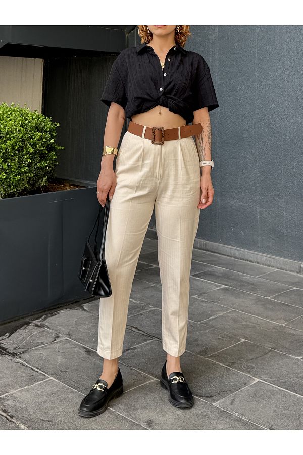 Bak'ap-Carrot Cut Linen Trousers with Elastic Waist Belt 1