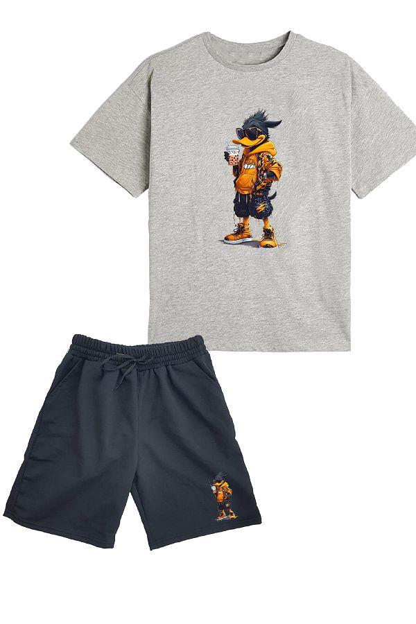 makiteks-Set de 2 din bumbac Culoare uni Bărbați Femei Unisex Pantaloni scurți și tricou Tricou Crazy Duck Drink 1