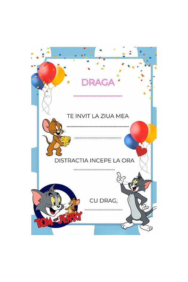 OEM-Set 10 invitatii tip formular pentru copii - Tom si Jerry, Format A6, plic inclus 1