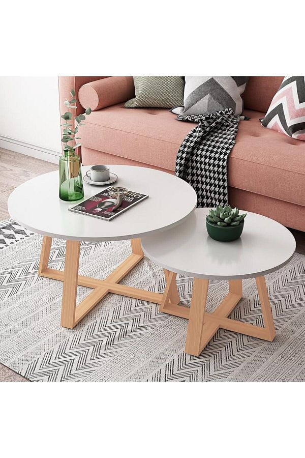 COOYA-2-piece round coffee table set, wooden frame, durable, stackable or split, easy to assemble, white 1