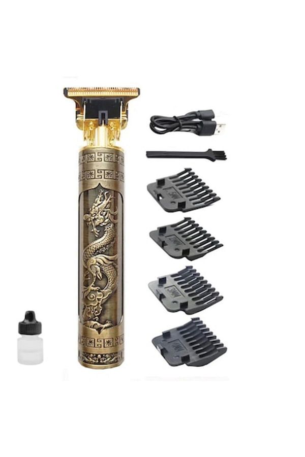 HOZRO-Masina de tuns HOZRO, cu acumulator, 5W, trimmer, model dragon, 5 marimi, incarcare USB, Auriu negru 1