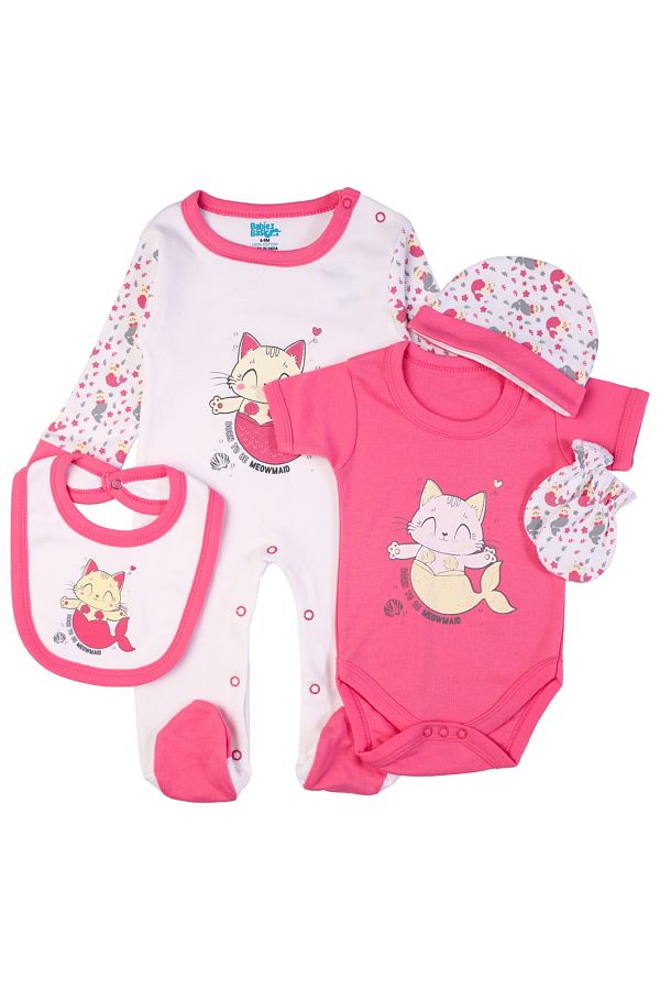Babies Basic-5 piece New Born Set include Bib, Romper, Mittens, Cap, Sleepsuit- Meowmaid, Red 1