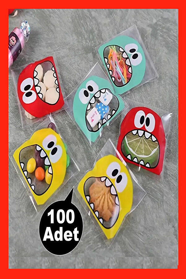 Hyd Canavar Desenli Bantlı Şeffaf Poşet Hediyelik Kendinden Yapışkanlı Jelatin 10x15cm 100 Adet