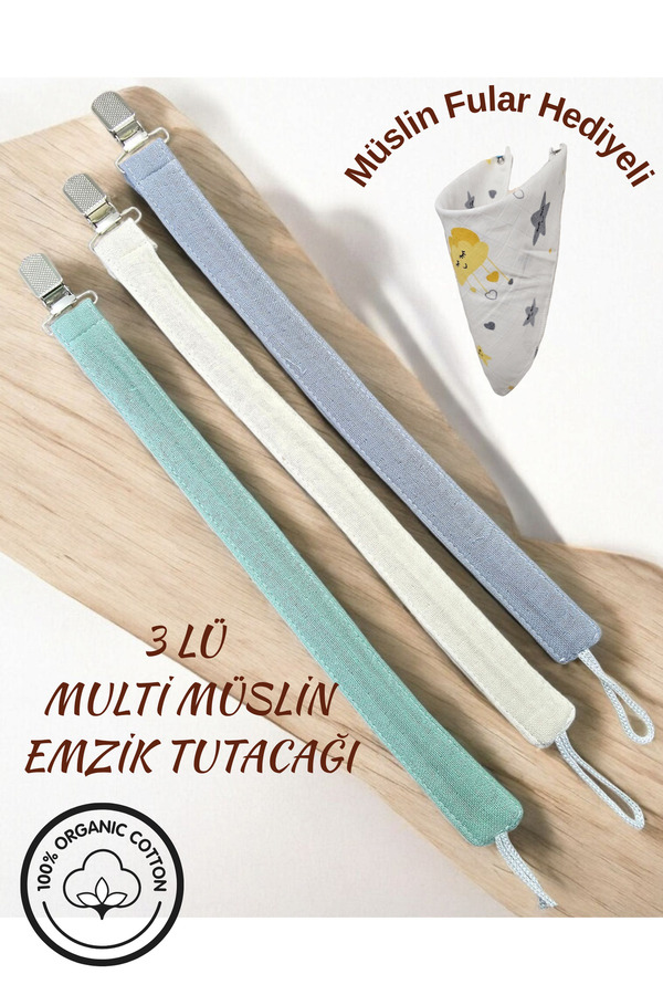 BeybiNest Multi Müslin Emzik Askısı Klipsli Emzik Tutacağı 3 Lü Set