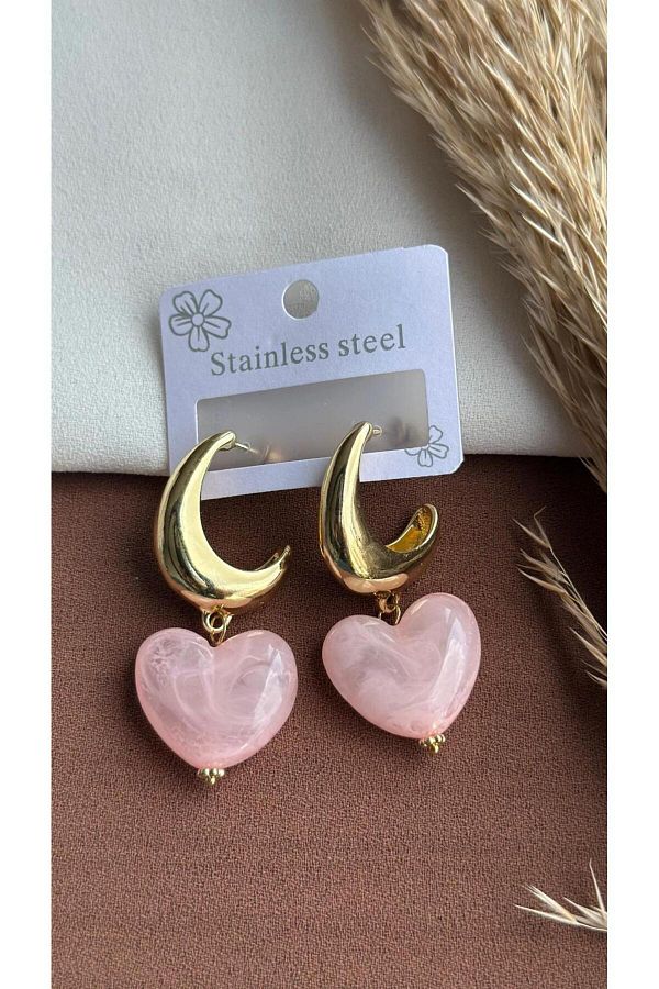 LİLİA-Steel Pink Pendant Heart Earrings 1