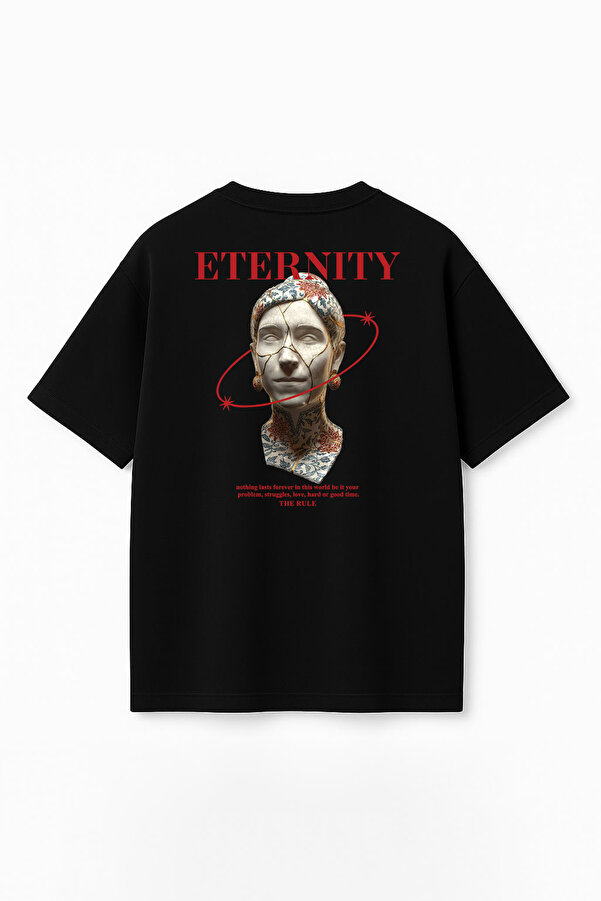 Unisex Eternity Baskılı Oversize %100 Pamuk Geniş Kesim Dokulu Siyah Bisiklet Yaka T-shirt Rf0399