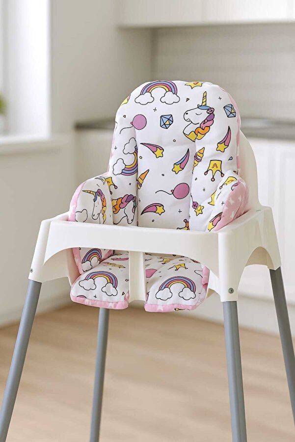 Bebek Özel %100 Pamuklu Bebek Çocuk Mama Sandalyesi Minderi Beyaz Pembe Unicorn Yıldızlı