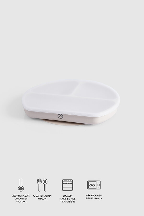 Little Gusto 3 Bölmeli Kapaklı Silikon Vakumlu Bej Mama Tabağı