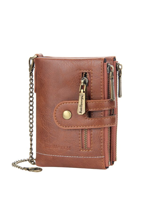 Generic-Classic Bifold Wallet with Double Zip and Chain - Camel 1