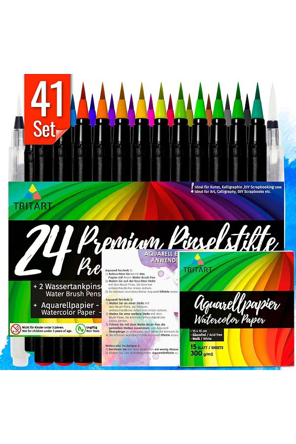 Tritart-Set of 24 markers, Brush tip, Calligraphic, 2 Brushes with water reservoir, 15 sheets, Multicolor 1