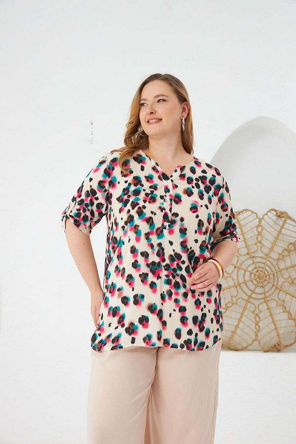 RMG-Leopard Patterned Plus Size Blouse Fuchsia 1