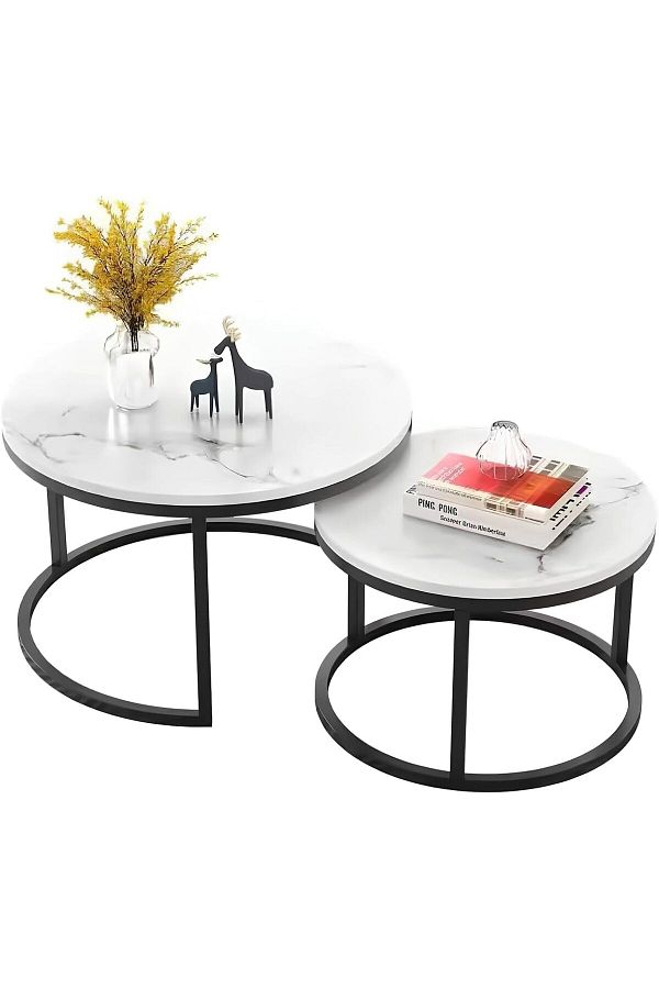 Generic-Set of 2 Round Nesting Coffee Tables – Sofa Side End Tables for Living Room – Stylish Marble Top 1