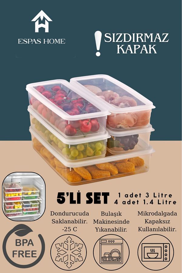 Espas Home-5-Piece Leakproof Freshbox Storage Container – Microwave and Refrigerator Compatible / 1X3000 ml - 4X1400 ml 1