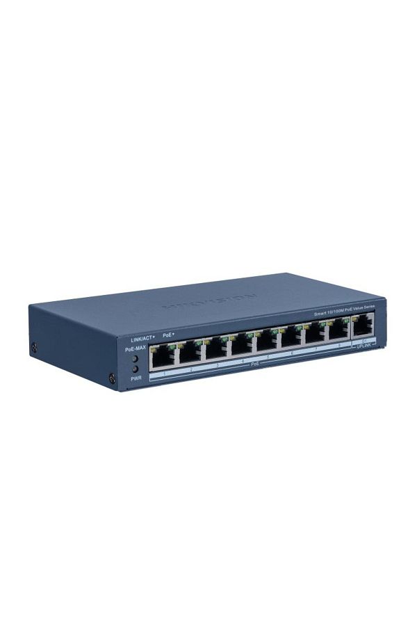 Hikvision-Switch PoE DS-3E1309P-EI/M: 8 × 10/100 Mbps PoE port, 1 × Gigabit RJ45 port, 8 portur 1