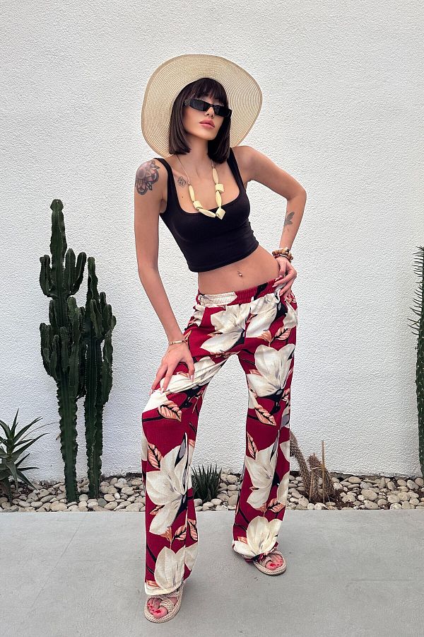 New Now-Leaf Patterned Palazzo Pants with Elastic Waist 1