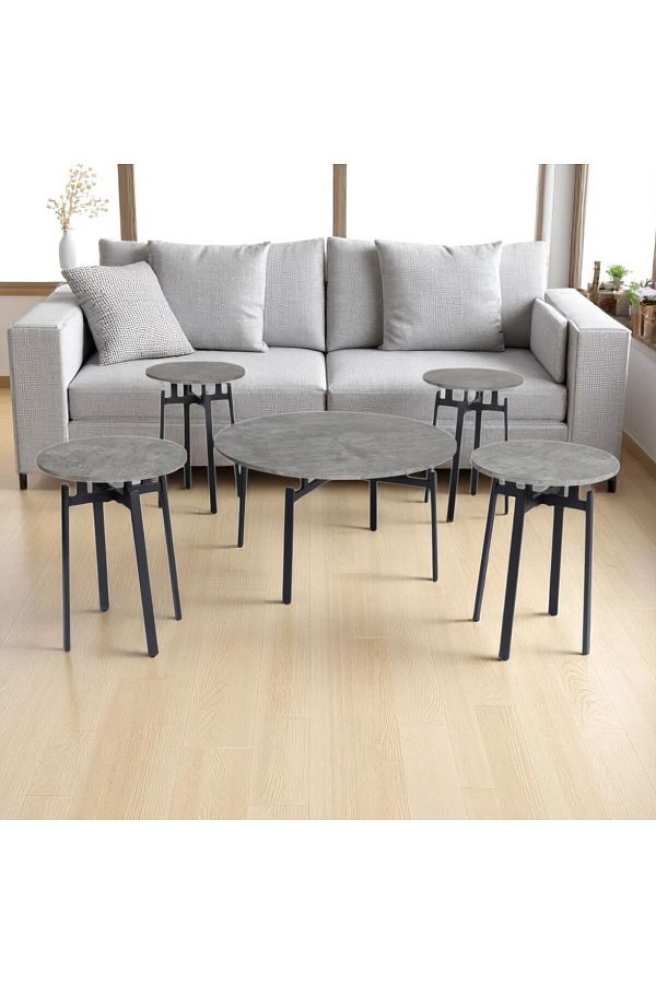 mr-everything-This 4-server coffee table set features an attractive, modern design, featuring a concrete-like grey top and a sturdy black metal frame. 1