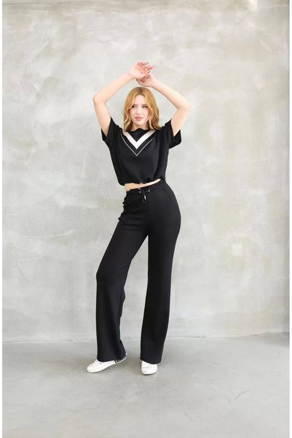 isez-Osy Modal Soft Textured Fabric Crew Neck Short Sleeve Set with Patchwork Detail - Black 1