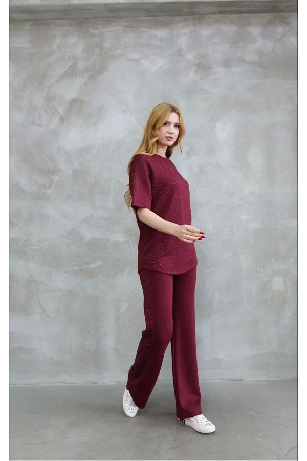 Tam12den Home-Osy modal soft textured fabric bicycle collar stone detailed short sleeve set - burgundy 1