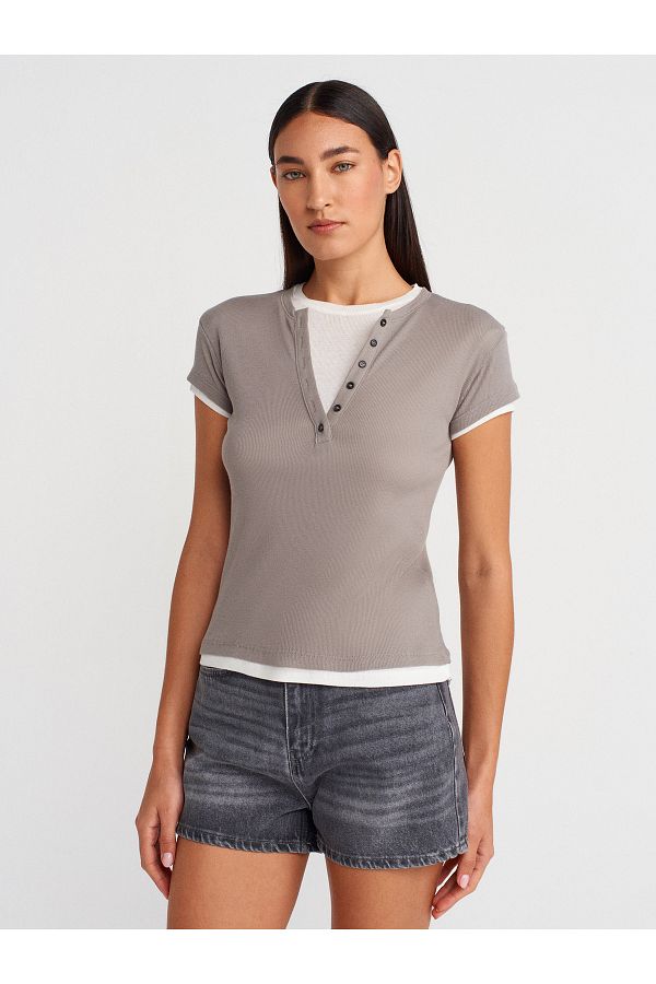 Dilvin-31783 Double Layer Buttoned T-Shirt-Grey 1
