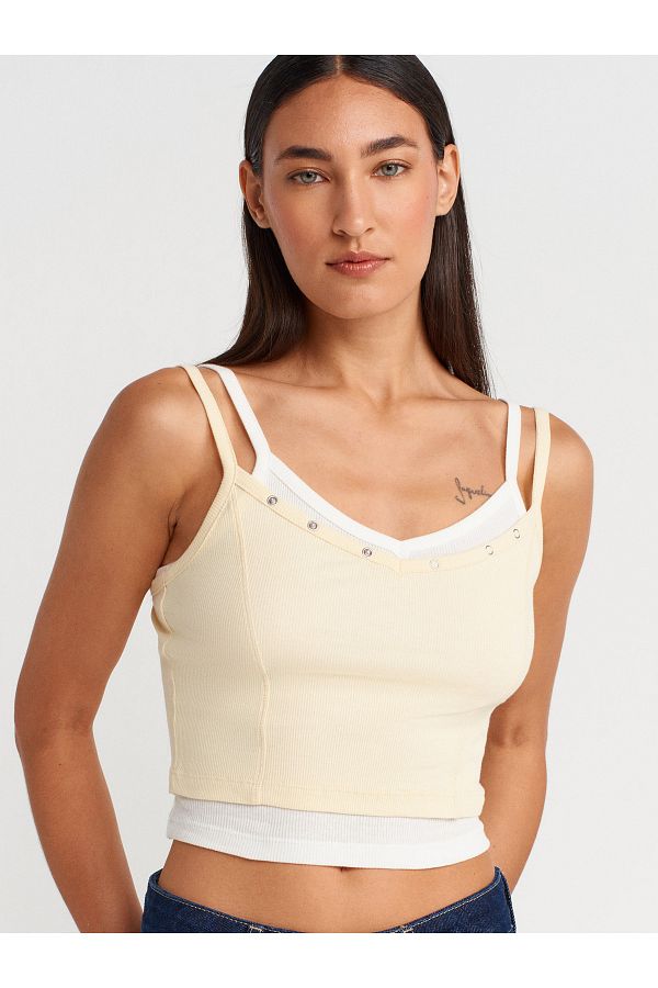 Dilvin-21085 Double View Strap Top-Light Yellow 1
