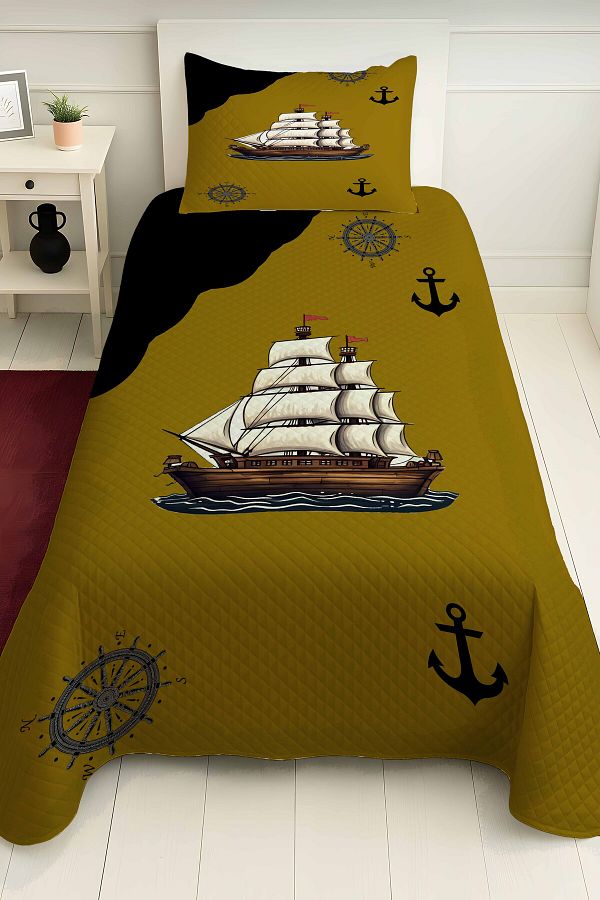 PRINTOPIA-Mustard Color Pirate Ship Patterned Single Pique Set 1