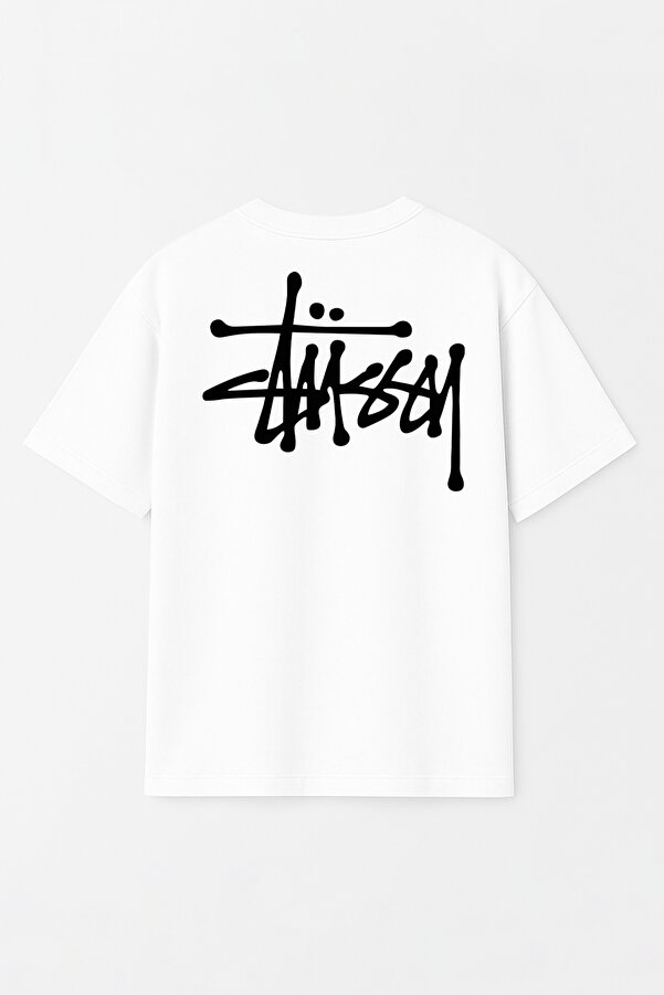 Unisex Stüssy Yazı Baskılı Oversize %100 Pamuk Geniş Kesim Dokulu Bisiklet Yaka Beyaz T-Shirt RF0523