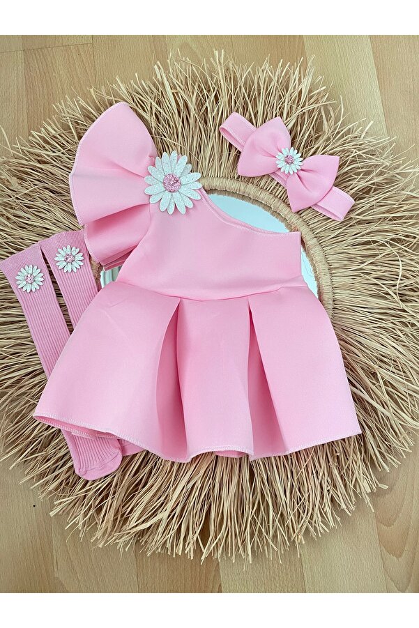 EBRU ÖZÖRGÜCÜ Kız çocuk pembe papatyalı elbise bandana ve çorap takım