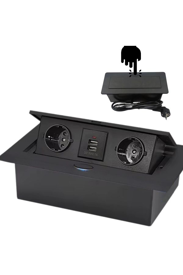 ATOMKIT-Built-in Furniture Socket, 2 EU Sockets, 2 X USB-A, Opening Button, Black 1