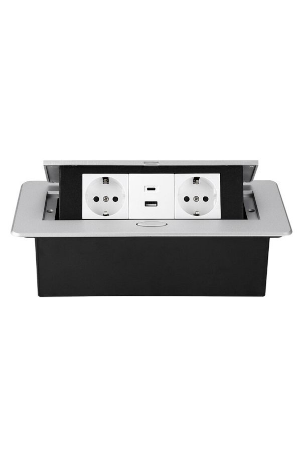 ATOMKIT-Ain Countertop Built-in Socket, 2 EU Inputs, USB-A and USB-C, 2.1a, Lift Button, Silver 1