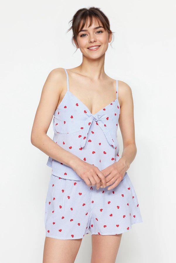 Trendyol Collection Blue Striped Heart Rope Strap Viscose Shorts Woven Pajamas Set Thmss23Pt00133
