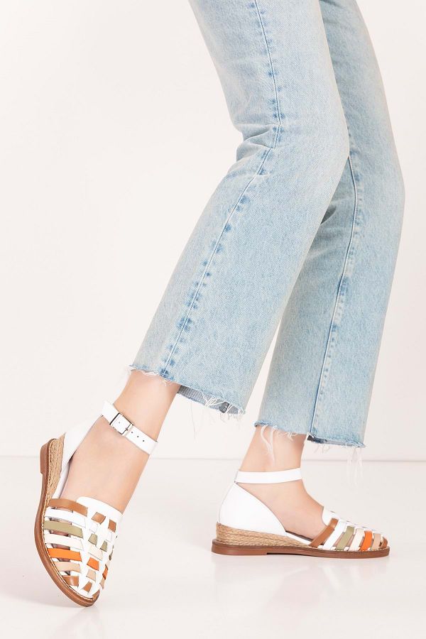 Gondol-Women's Genuine Leather Hand Knitted Special Straw Wrapped Sandals Ell.7249 White Combination 1