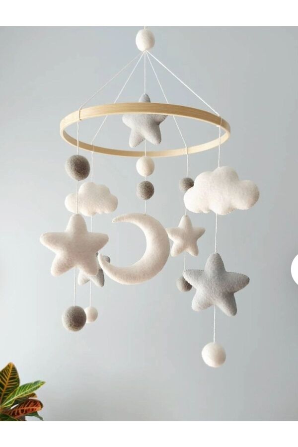 beberinos Ay Yıldız Gri Beyaz Tonlari %100 El Yapımı Bebek Beşik Süsü Dönence