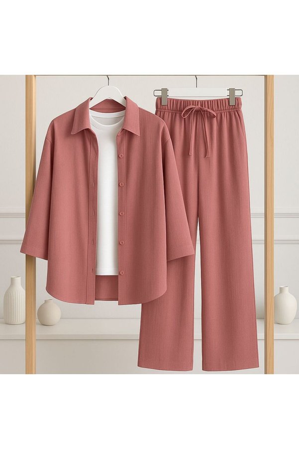 onlymoon Women's Wear Wrinkle Fabric Shirt-Pants Two-Piece Suit Suitable for Tesetture