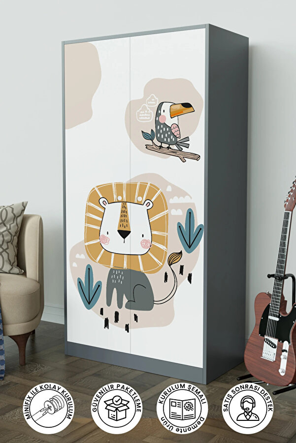 Hediyeler Kapında Jungle Animals Design "Calista" Gardırop 5 Raflı Askılı Çocuk Odasi Elbise Dolabı