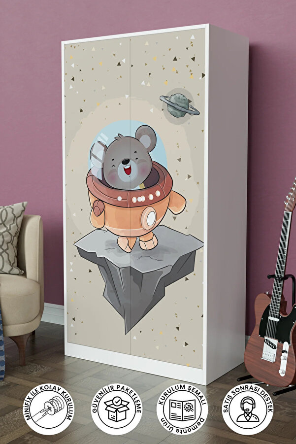 Hediyeler Kapında Little Astronaut Design "Calista" Gardırop 5 Raflı Askılı Çocuk Odasi Elbise Dolabı