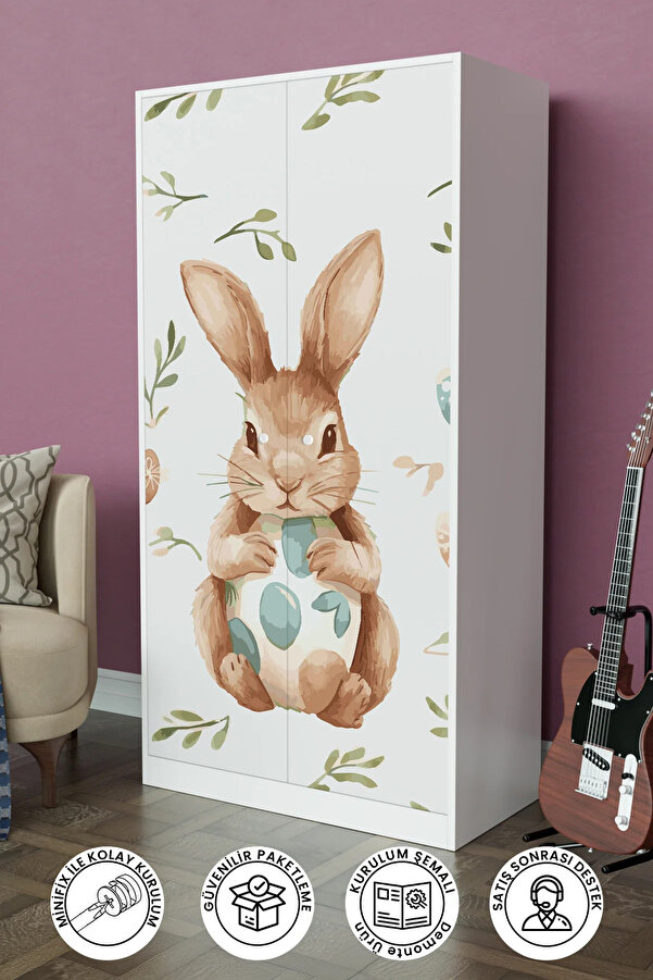 Hediyeler Kapında Pretty Rabit Design "Calista" Gardırop 5 Raflı Askılı Çocuk Odasi Elbise Dolabı