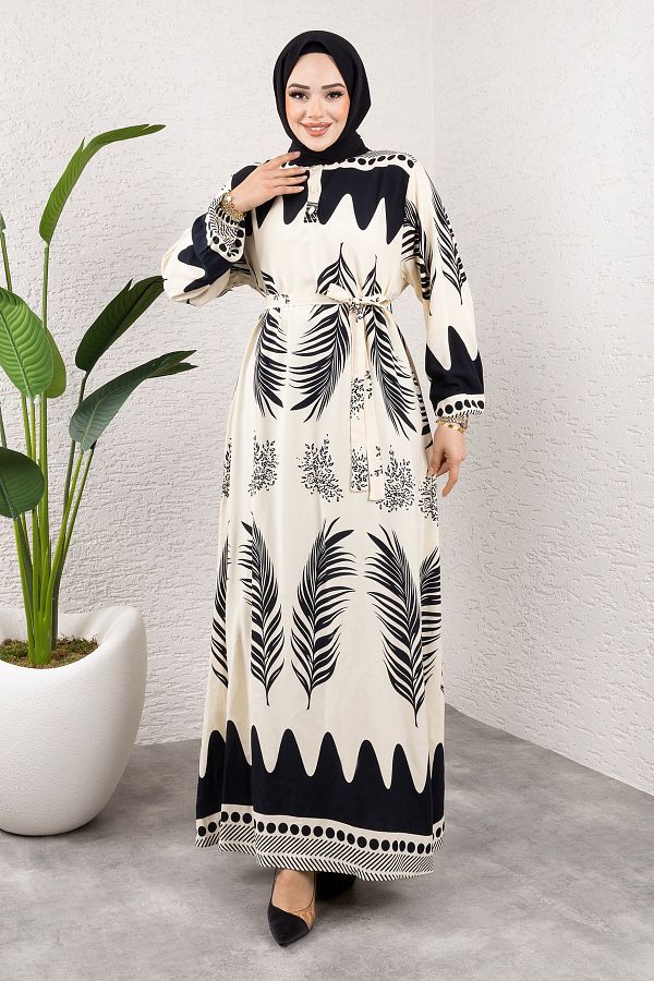 Tesettür Dünyası-Φόρεμα Waterway Viscose με έθνικ σχέδιο - TSD 240955   Μαύρο 1